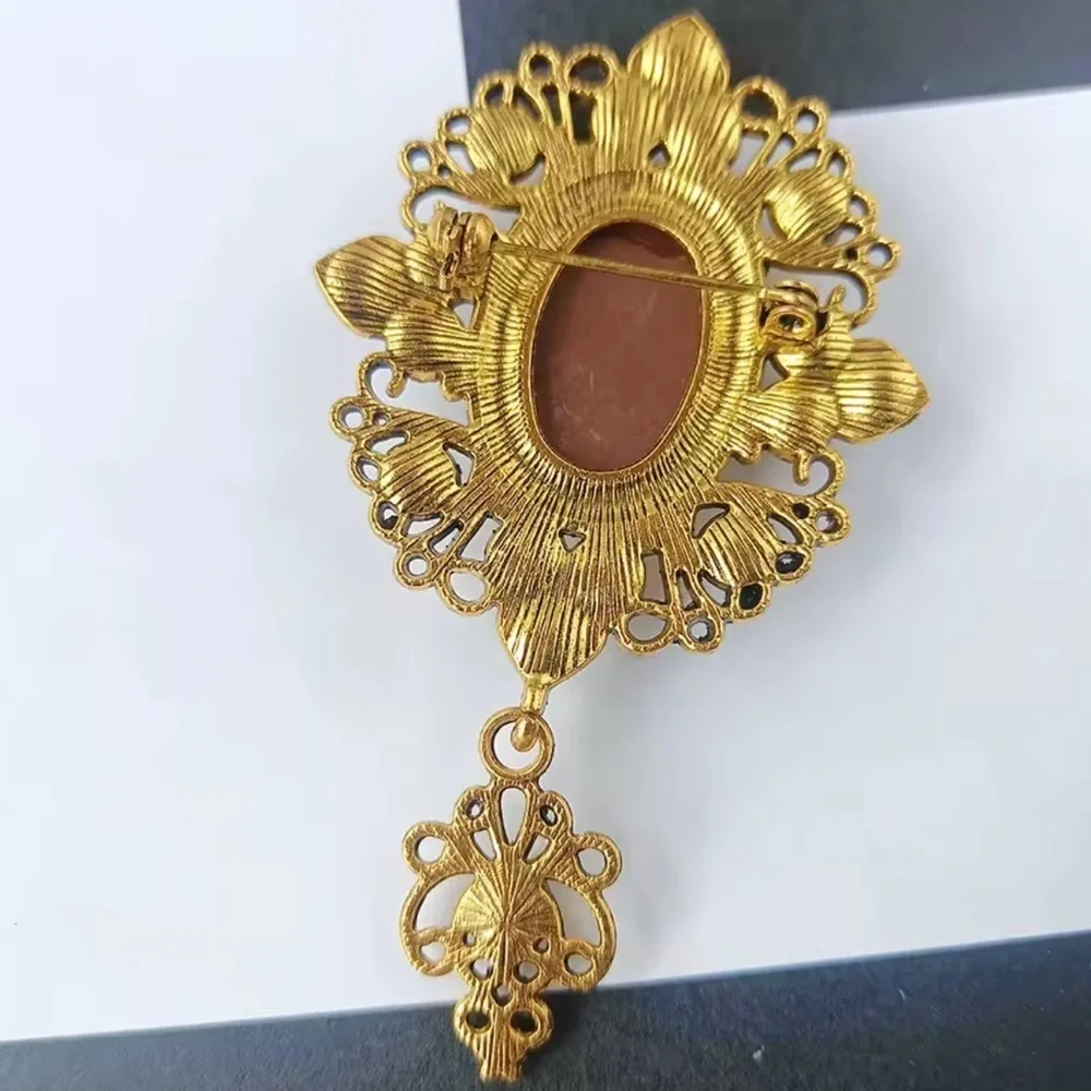 Women Vintage Cameo Brooch with Red and Gold Accents